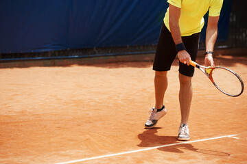 Person, playing or competition on tennis court, athlete or serve racket or ball for professional...