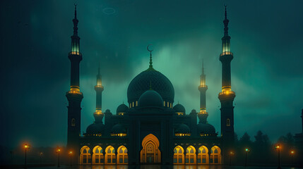 mosque lit up in the night sky. ramadan kareem background