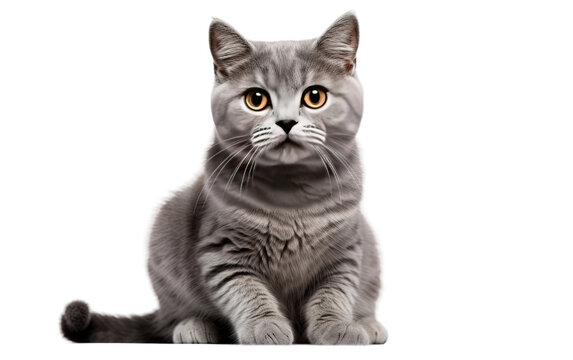 Gray Cat Sitting Down and Looking at Camera. A gray cat is seated on the ground, staring directly at the camera with an intense gaze. Its posture is alert and attentive, showcasing its curious nature.
