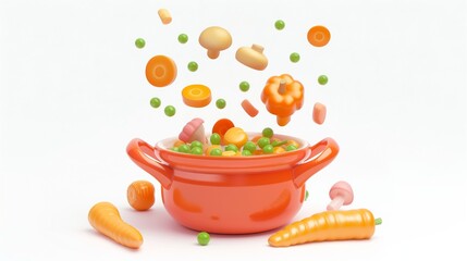 Cooking concept with plasticine food. A whimsical composition featuring an orange pot with peas, corn, carrots, and mushrooms playfully levitating above it
