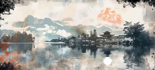 Traditional Asian landscape. Illustration of an Asian temple by a calm lake with mountains in the background and a stylized sun, reflecting a serene ambiance suitable