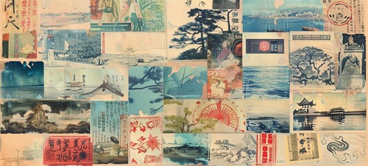 Set of Japanese-themed collage elements. A diverse collection of traditional scenes, landscapes, and cultural symbols on vintage paper textures for creative projects or educational materials.