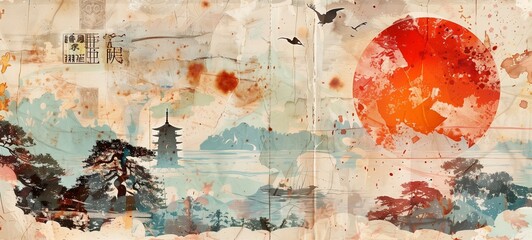 Abstract Japanese art collage. The piece combines elements of traditional Japanese landscapes, architecture, and nature motifs with a prominent red sun
