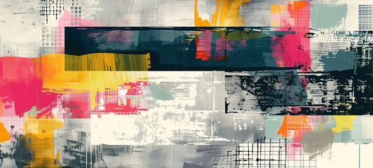 Abstract art banner. A wide-format collage combining various textures, patterns, and vibrant splashes of pink, yellow, and red against a muted background of grays and whites