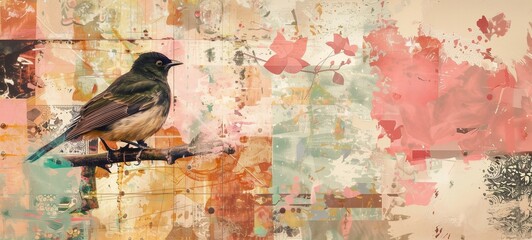 Collage art with nature theme. A lifelike bird perches on a branch amidst a patchwork of vintage patterns and vibrant red floral motifs, set against a backdrop of soft pastels and dynamic textures