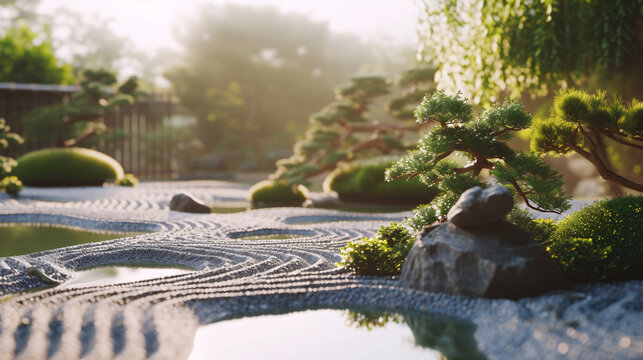 a peaceful scene depicting a traditional Japanese garden with a koi pond, meticulously raked gravel