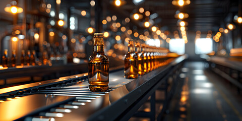 Bottles on Conveyor in Beer Packaging Plant,Beer Bottling Factory Conveyor Belt,Bottling Line at Beer Production Facility - obrazy, fototapety, plakaty