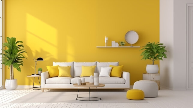 stylowe minimalistyczne wnętrze salonu z designerską sofą, meblami, nowoczesnym obrazem i eleganckimi akcesoriami osobistymi. Wystr&oacute;j domu. Mockup na ścianie na plakat. Projektowanie wnętrz. Szablon.