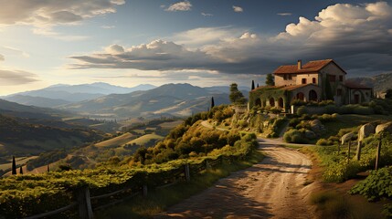 Green fertile fields of Italy. Rich villas and vineyards.