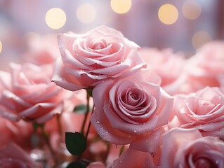 Pink Roses in Soft Focus With Glistening Bokeh. A close-up dewdrops and a sparkling bokeh effect in the background, conveying a sense of freshness and serenity.