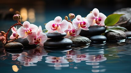 Bright colorful orchid flowers on the water with black smooth stones. Theme of relaxation and rest.