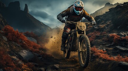 A male motorcyclist in a leather suit and helmet rides quickly on a mountain bike along a deserted street. Dynamic and active extreme scene. - obrazy, fototapety, plakaty