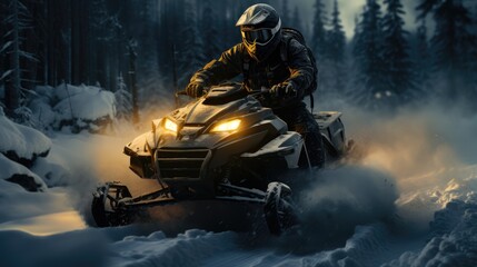 A man in a helmet rides a snowmobile against the backdrop of a snowy forest.