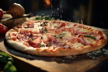 a pizza with cheese and ham