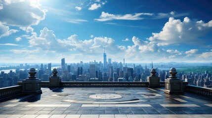 An open empty stone flat area at a high altitude of a high-rise building with a background of urban buildings. Beautiful sky, minimalistic style.
