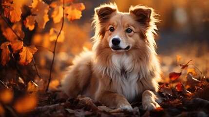 An adorable dog sits calmly in a field full of bright orange autumn leaves.
