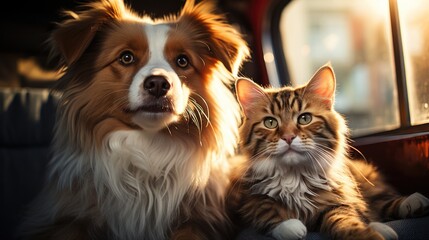 A young fluffy beautiful cute cat sits next to a friendly dog. The theme of friendship between beloved pets.