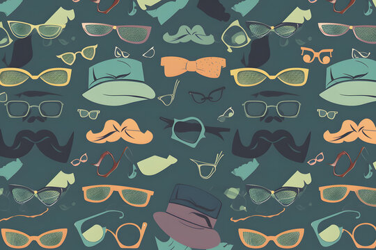a seamless pattern of hats glasses and mustaches on a dark blue background