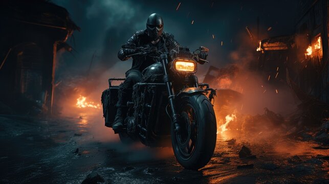 A strong male motorcyclist in a leather suit and mask rides a dirt motorcycle along a deserted dark burning street. Dynamic and active extreme scene.