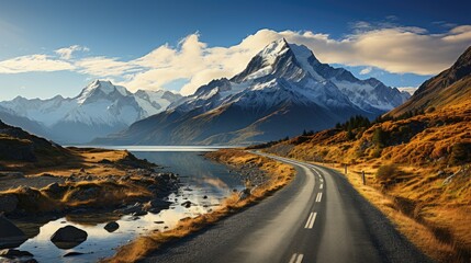 An empty road stretching into the distance. View of beautiful snow-capped mountain peaks.
