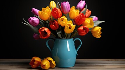 A bouquet of bright fresh tulips stands in an elegant ceramic vase.