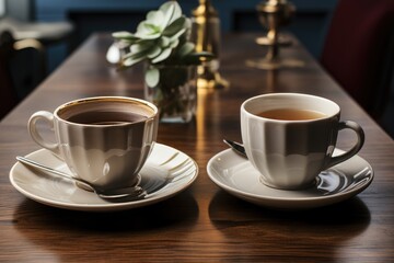 Fototapeta premium A pair of ceramic tea cups sit on a sturdy wooden table.