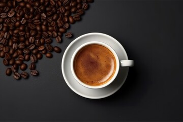 Fototapeta premium A Cup of Coffee Next to a Pile of Coffee Beans