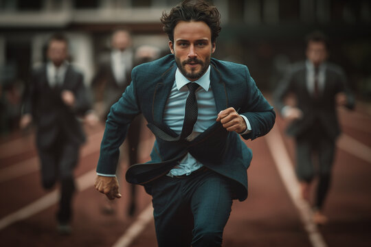 businesspeople in suits racing to the finish line, business competition metaphor concept