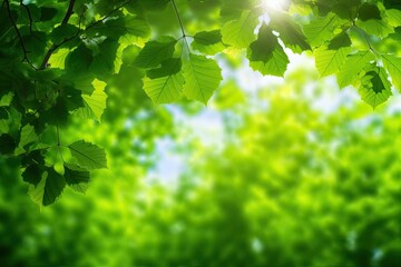 Fototapeta premium Background with bright iridescent green leaves against a backdrop of forest and sunlight.