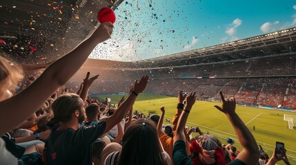 A vibrant sports stadium bursts with excitement, capturing the energy of a live football match. The fans' joy is palpable in this moment of triumph. AI Generative