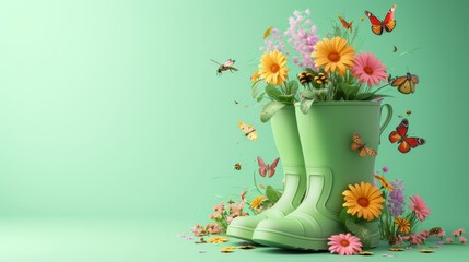 A vibrant rubber boot overflowing with colorful spring flowers, adorned with fluttering butterflies
