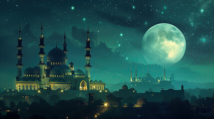 Obraz premium mosque with moon and stars. ramadan kareem background. islamic night.
