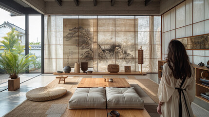 Woman walking in modern aesthetic Japanese living room with natural decorative elements