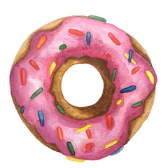 Watercolor colorful donut glazed. Watercolor donut, hand drawn delicious food illustration, yummy...