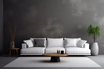 a white couch with pillows and a coffee table