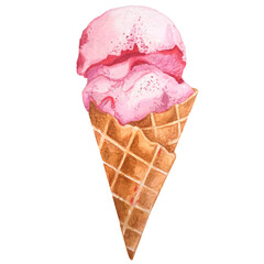 watercolor hand-painted ice cream cone and balls cup frozen gelato of green pink yellow colors ice cream in chocolate with chocolate glaze clip art set for print scrapbooking pattern
