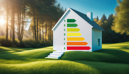 Performances énergétiques, dpe, transition écologique, maison dans la nature avec ciel bleu - IA générative