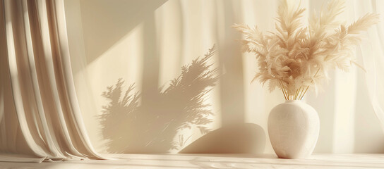 a vase in the sunshine next to a plain white wall, in the style of fine feather details, light beige and amber, blurred imagery, joyful celebration of nature, flowing draperies, atmospheric lighting, 