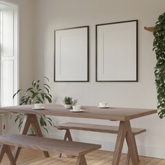 Frame interior, mockup frame, poster wood in empty two frame picture interior dining table cozy home room in illustration 3d rendering.