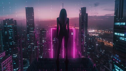 Beautiful Woman standing amidst Futuristic Skyline - Cyberpunk Vibes with Neon Lights and Holograms Illuminating her Figure - Amazing Cyberpunk Girl Background created with Generative AI Technology
