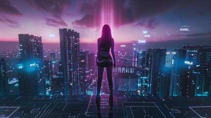 Fototapeta na wymiar Beautiful Woman standing amidst Futuristic Skyline - Cyberpunk Vibes with Neon Lights and Holograms Illuminating her Figure - Amazing Cyberpunk Girl Background created with Generative AI Technology