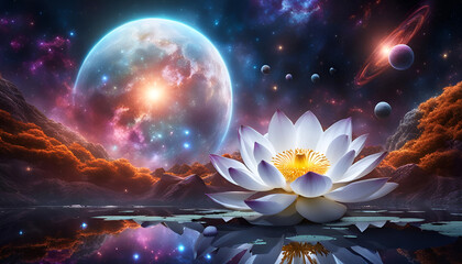 Fototapeta na wymiar Lotus Blüte geöffnet Blume Erkenntnis weiß glänzend vor Hintergrund Universum leuchtender Sterne Galaxien Lilie Wasser Spirituelle Erkenntnis neue Erde Erwachen Achtsamkeit Erleuchtung Buddha