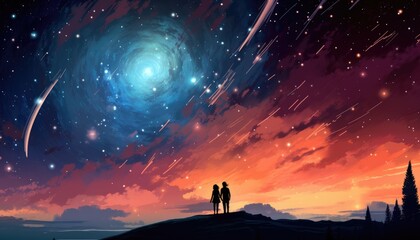 Fototapeta premium couple sitting and looking at the sky with a spectacular meteor shower