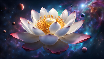 Lotus Blüte geöffnet Blume Erkenntnis weiß glänzend vor Hintergrund Universum leuchtender Sterne Galaxien Lilie Wasser Spirituelle Erkenntnis neue Erde Erwachen Achtsamkeit Erleuchtung Buddha - obrazy, fototapety, plakaty