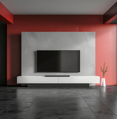 a white TV stand and black floor in an empty living room, in the style of muted colorscape mastery, neo-concrete, minimalist backgrounds, light red and gray, photo taken with provia, subdued minimalis