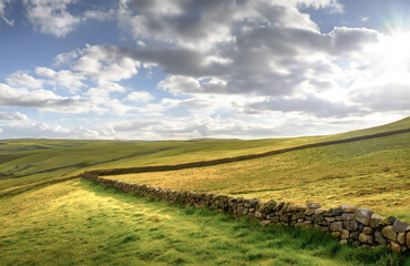 Fototapeta na wymiar Landscape with a dry stone wall in the yorkshire wolds