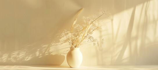 a white vase of grass is sitting on a white wall, in the style of light gold and light amber, sabattier filter, soft and dreamy depictions, joyful celebration of nature, gossamer fabrics, infrared fil - obrazy, fototapety, plakaty