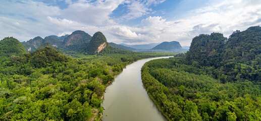 Aerial view of karst mountains and river, panorama