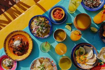 Colorful mexican food spread on a sunny table with drinks and cactus