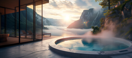 Modern Mountain Spa Retreat, Panoramic Dawn with Mist Over Valley